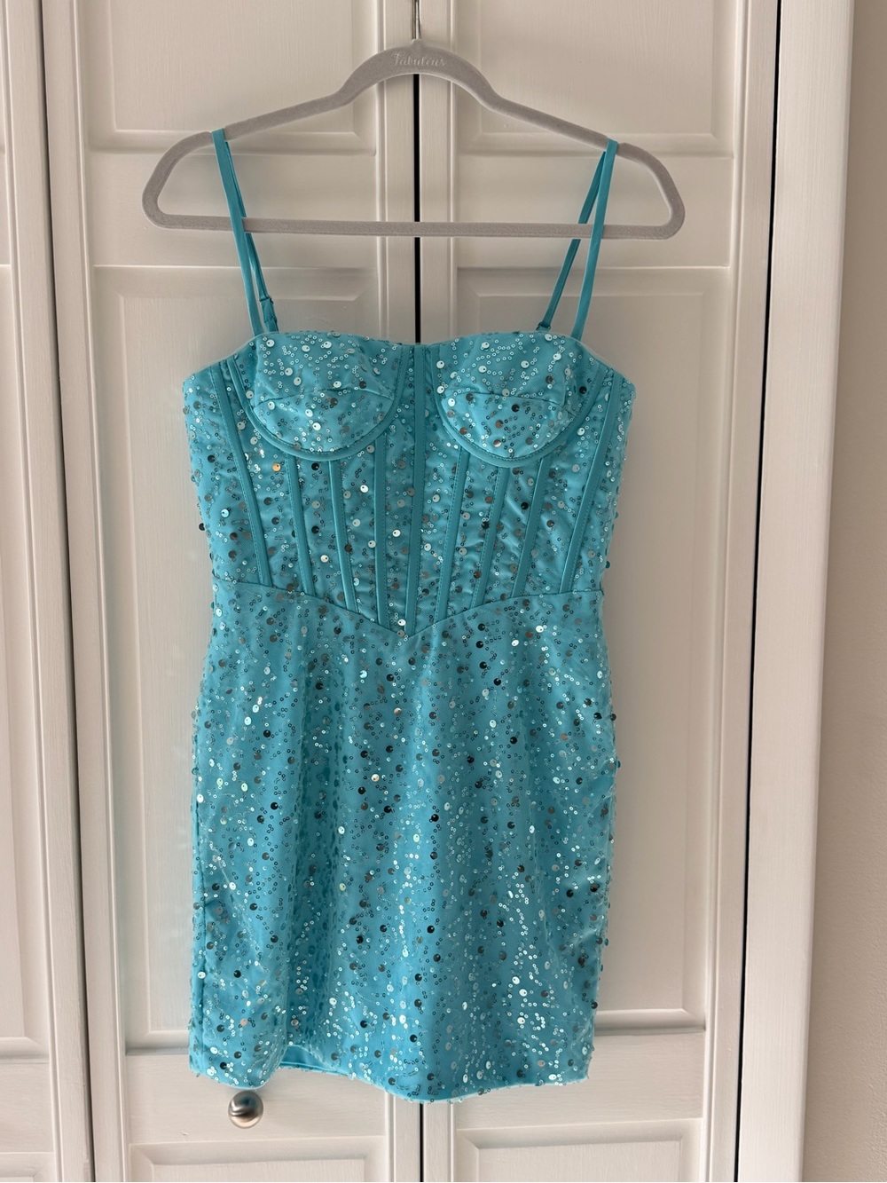 Sequin Embellished Turquoise Mini Dress